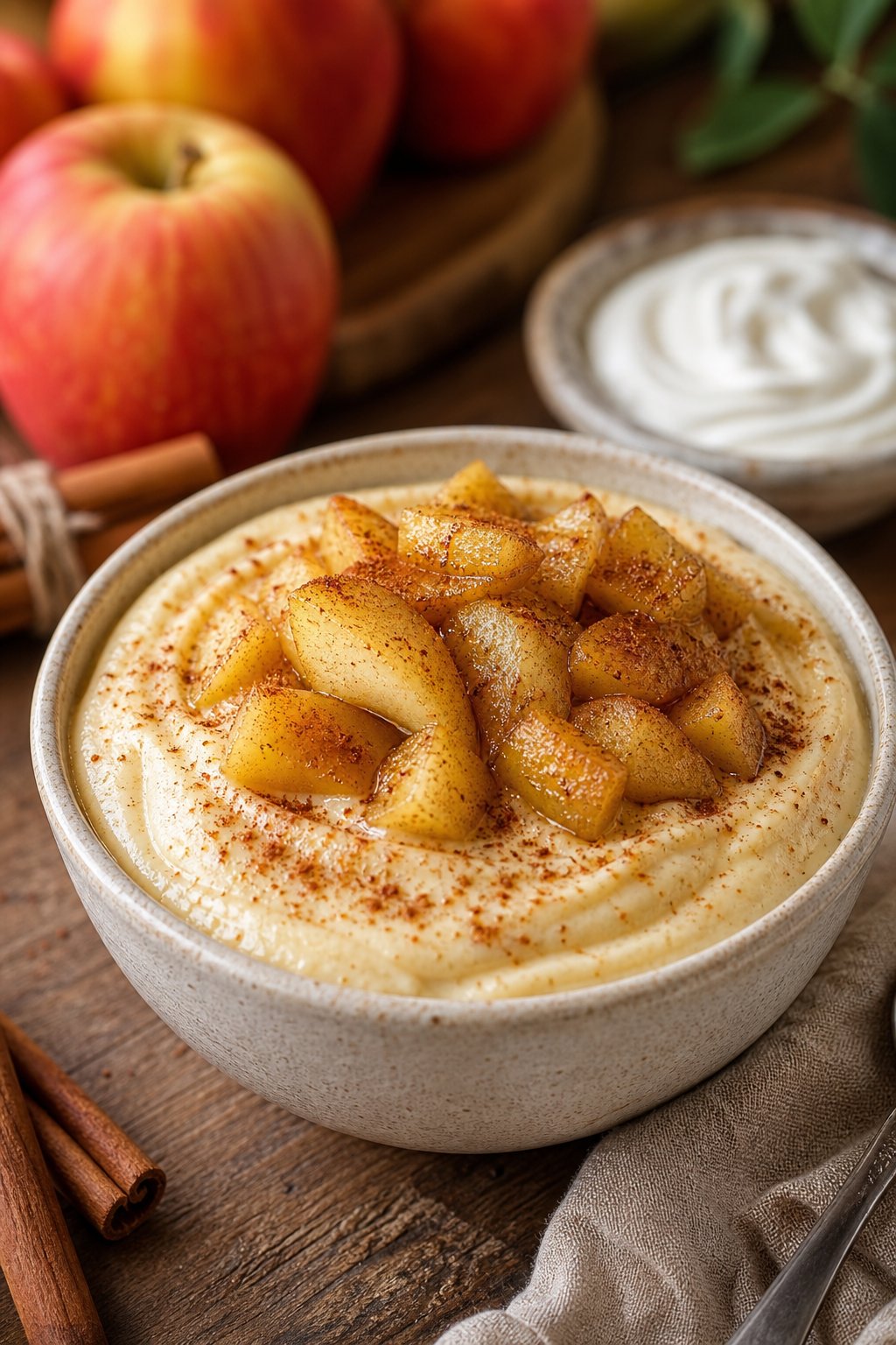 13 Keto Cheesecake Pudding Recipes That’ll Make You Forget You’re on a Diet 12 A bowl of cinnamon apple keto cheesecake pudding topped with stewed apple slices and a sprinkle of cinnamon on a wooden surface with cinnamon sticks and apples in the background.