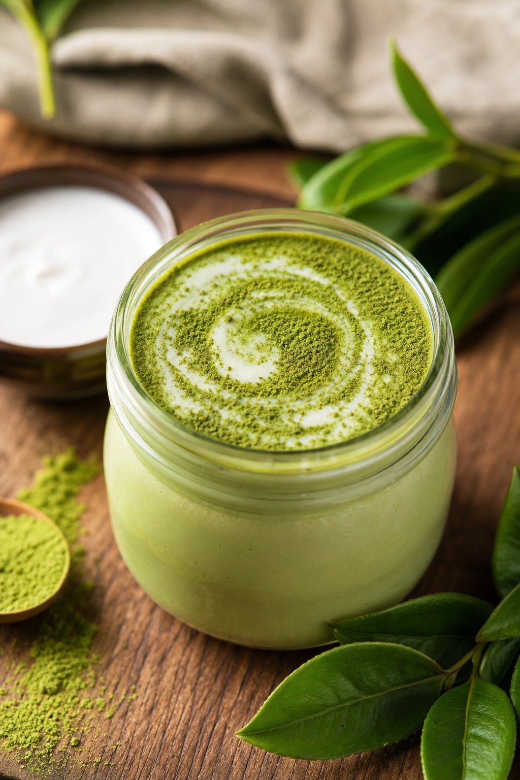13 Keto Cheesecake Pudding Recipes That’ll Make You Forget You’re on a Diet 13 A glass jar filled with creamy matcha cheesecake pudding topped with green matcha powder, placed on a wooden table with matcha leaves and a bowl of coconut milk nearby.
