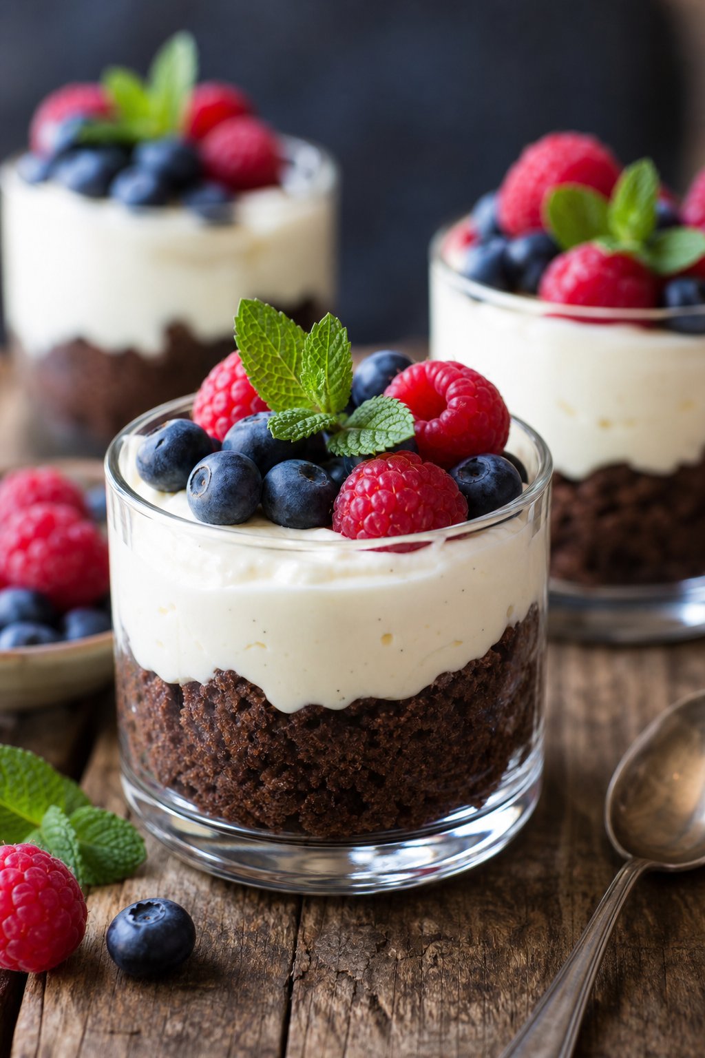 13 Keto Cheesecake Pudding Recipes That’ll Make You Forget You’re on a Diet 14 Several glass cups filled with layered brownie crust, cheesecake pudding, and fresh berries on a wooden table.