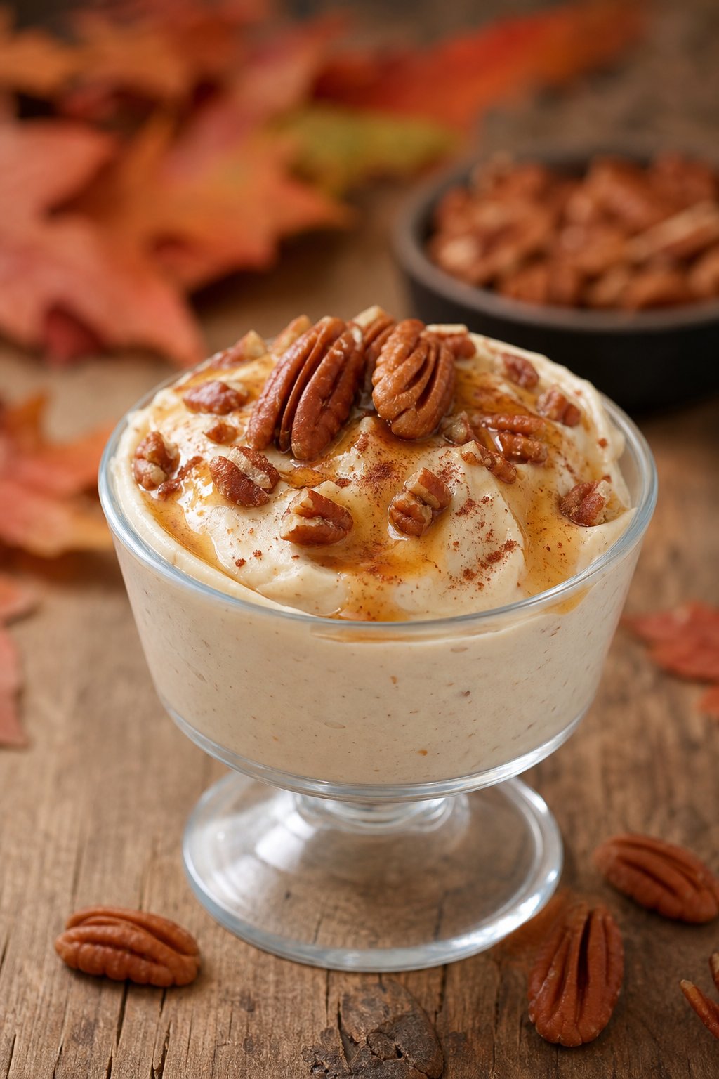 13 Keto Cheesecake Pudding Recipes That’ll Make You Forget You’re on a Diet 15 A glass cup filled with creamy maple pecan cheesecake pudding topped with pecans and syrup on a wooden table.