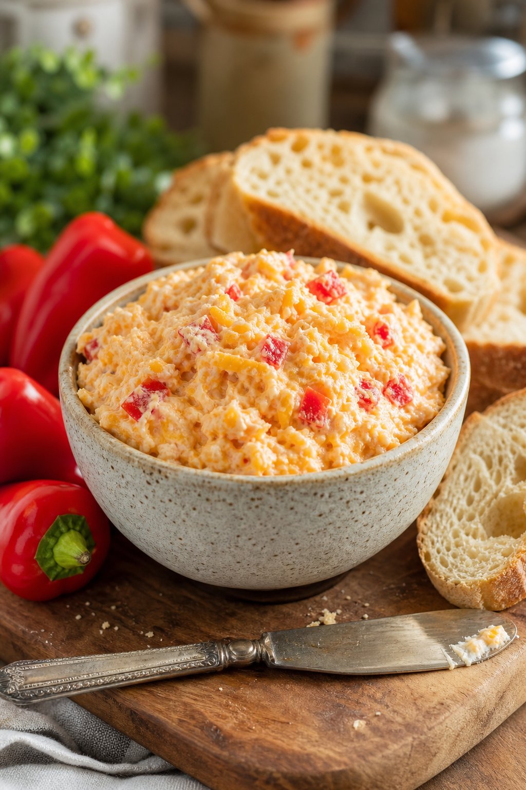 Classic Pimiento Cheese Recipe 2 A bowl of creamy pimiento cheese spread with shredded cheddar and diced red pimientos, accompanied by slices of bread and whole red pimiento peppers on a wooden board.