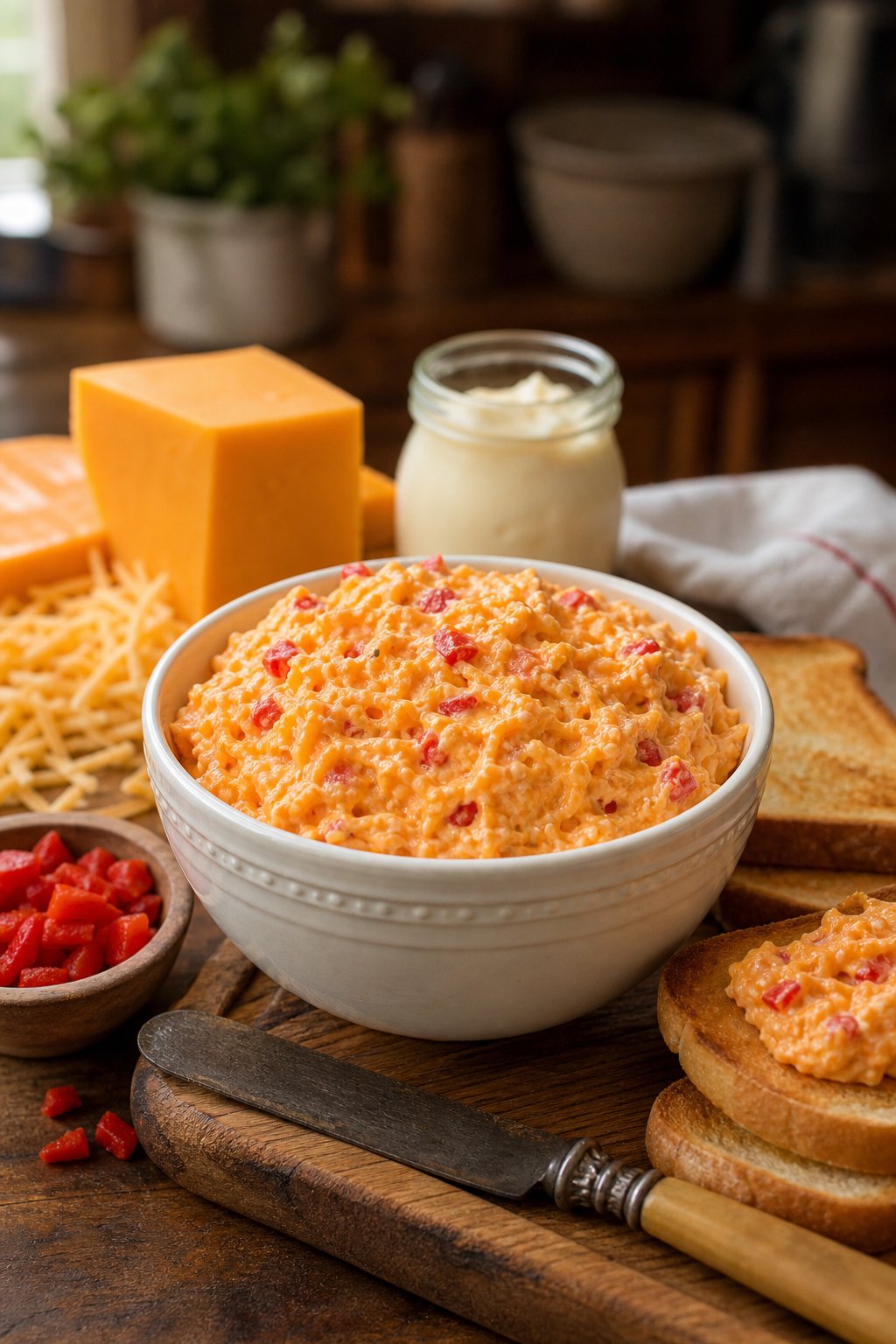Classic Pimiento Cheese Recipe 3 Bowl of creamy pimiento cheese spread with sharp cheddar and mayonnaise on a wooden board, surrounded by fresh ingredients and toasted bread slices.
