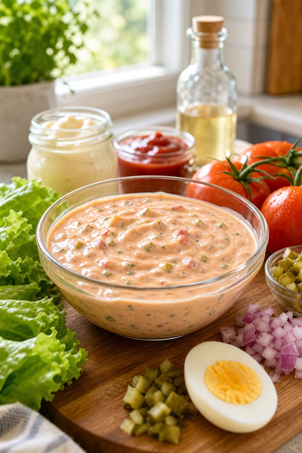 Love & Best Dishes: Homemade Thousand Island Dressing Recipe 2 A bowl of creamy homemade Thousand Island dressing surrounded by fresh vegetables and ingredients on a kitchen countertop.