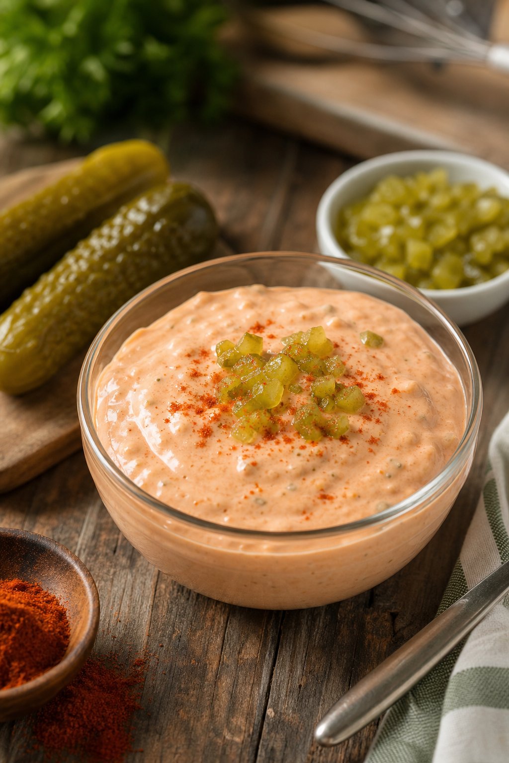Love & Best Dishes: Homemade Thousand Island Dressing Recipe 3 A bowl of creamy Thousand Island dressing garnished with sweet pickle relish and paprika, placed on a wooden surface with fresh pickles and spices around it.