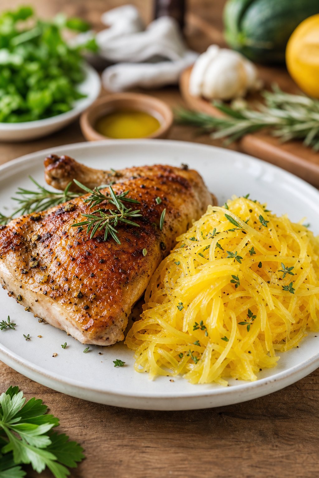 22 Chicken and Spaghetti Squash Recipes You’ll Love to Try Tonight! 2 A plated meal of roasted chicken and spaghetti squash garnished with fresh herbs on a wooden table.
