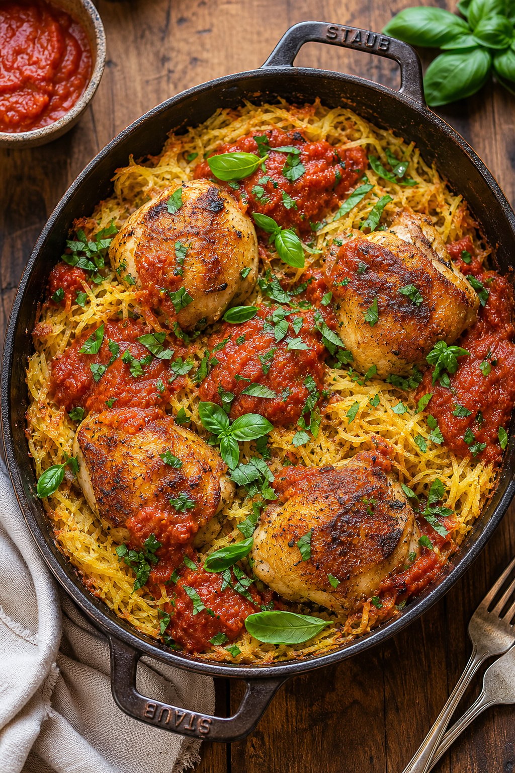 22 Chicken and Spaghetti Squash Recipes You’ll Love to Try Tonight! 3 A baked chicken dish with roasted spaghetti squash and marinara sauce served in a pan on a wooden table.