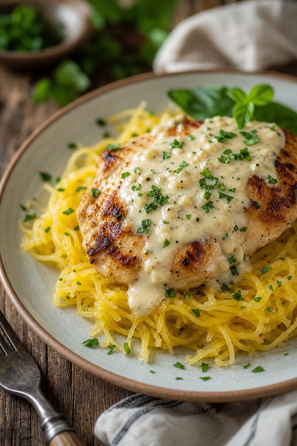 22 Chicken and Spaghetti Squash Recipes You’ll Love to Try Tonight! 4 A plate of creamy garlic parmesan chicken served over spaghetti squash garnished with fresh herbs on a wooden table.