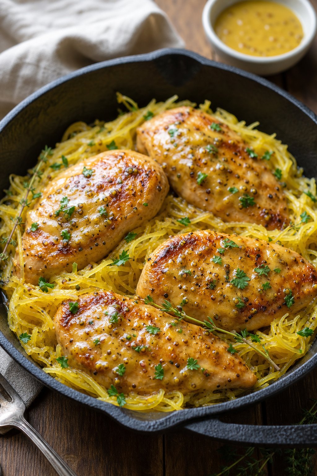 22 Chicken and Spaghetti Squash Recipes You’ll Love to Try Tonight! 5 A skillet with honey mustard chicken and spaghetti squash garnished with fresh herbs on a wooden table.