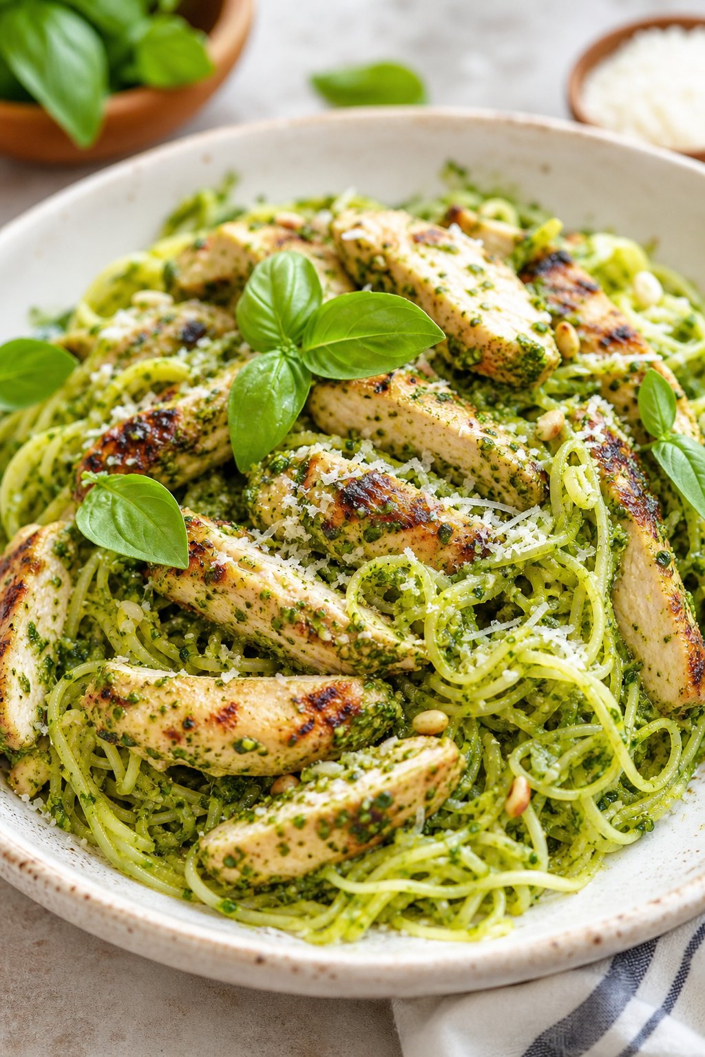 22 Chicken and Spaghetti Squash Recipes You’ll Love to Try Tonight! 6 A bowl of grilled chicken mixed with spaghetti squash and green pesto sauce, garnished with basil and Parmesan cheese.