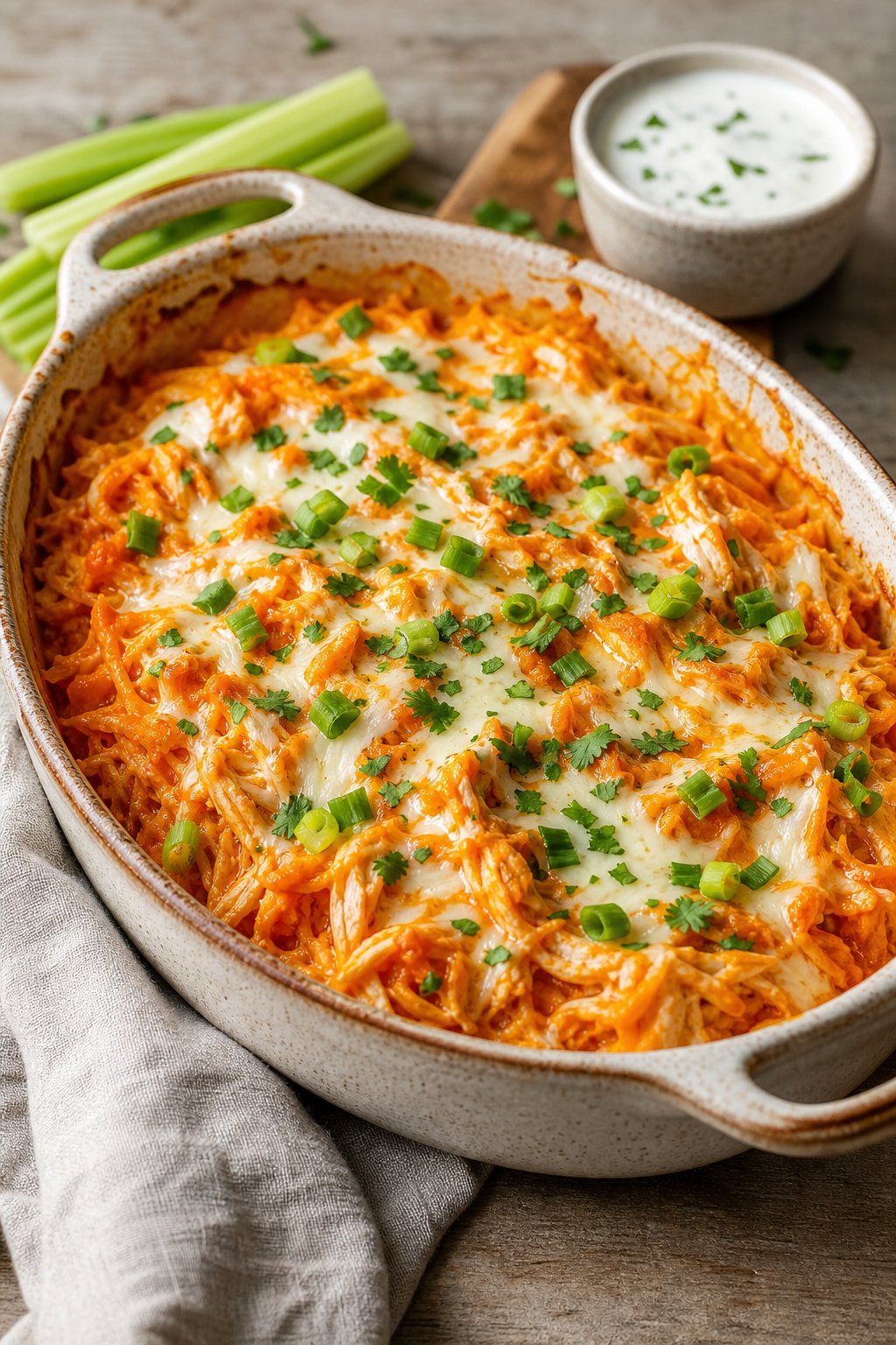 22 Chicken and Spaghetti Squash Recipes You’ll Love to Try Tonight! 7 A baked dish of buffalo chicken spaghetti squash topped with melted cheese and green onions on a wooden table with a bowl of ranch dressing and celery sticks nearby.