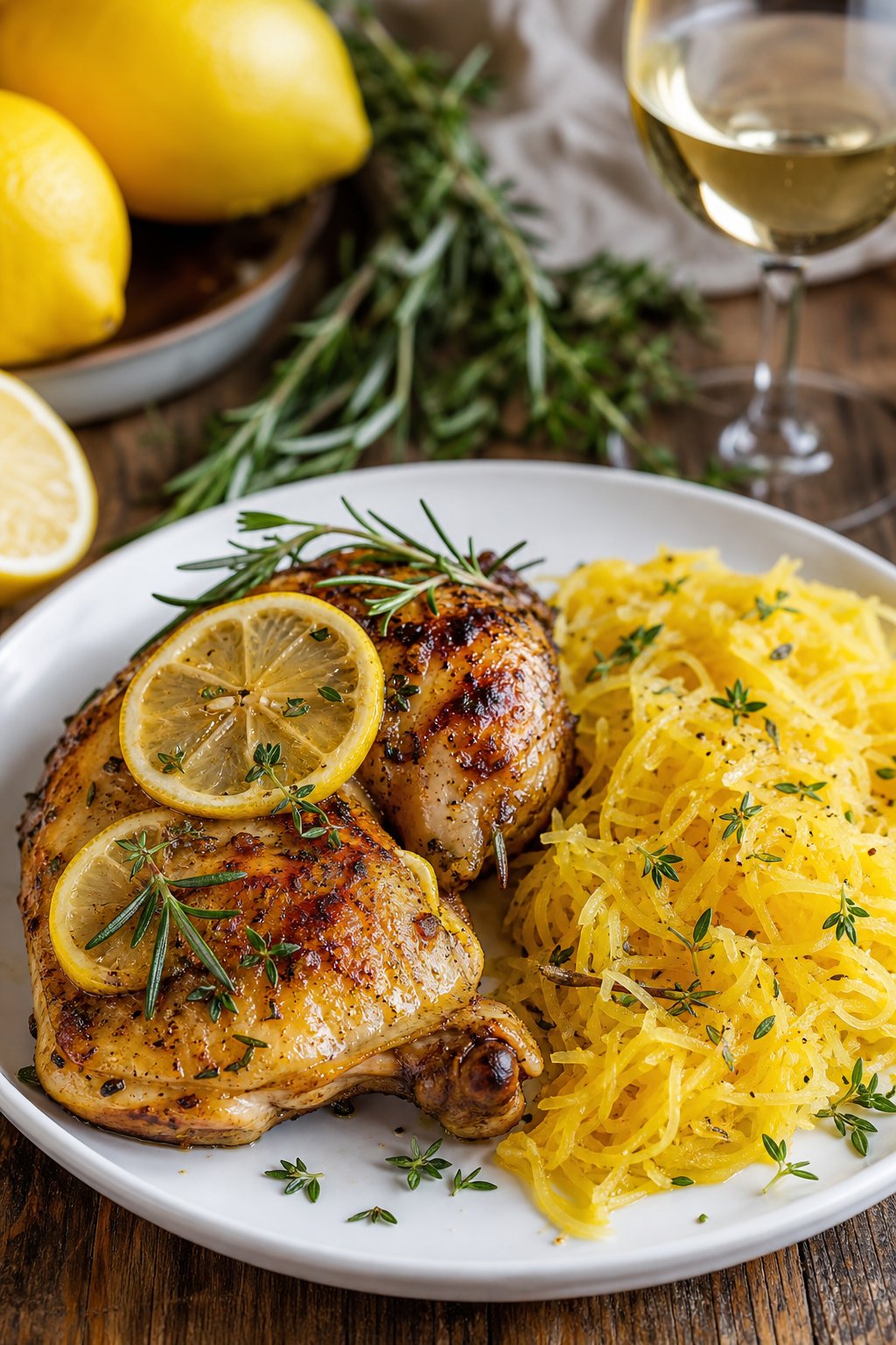 22 Chicken and Spaghetti Squash Recipes You’ll Love to Try Tonight! 8 A plate with lemon herb roasted chicken and spaghetti squash garnished with fresh herbs on a wooden table.