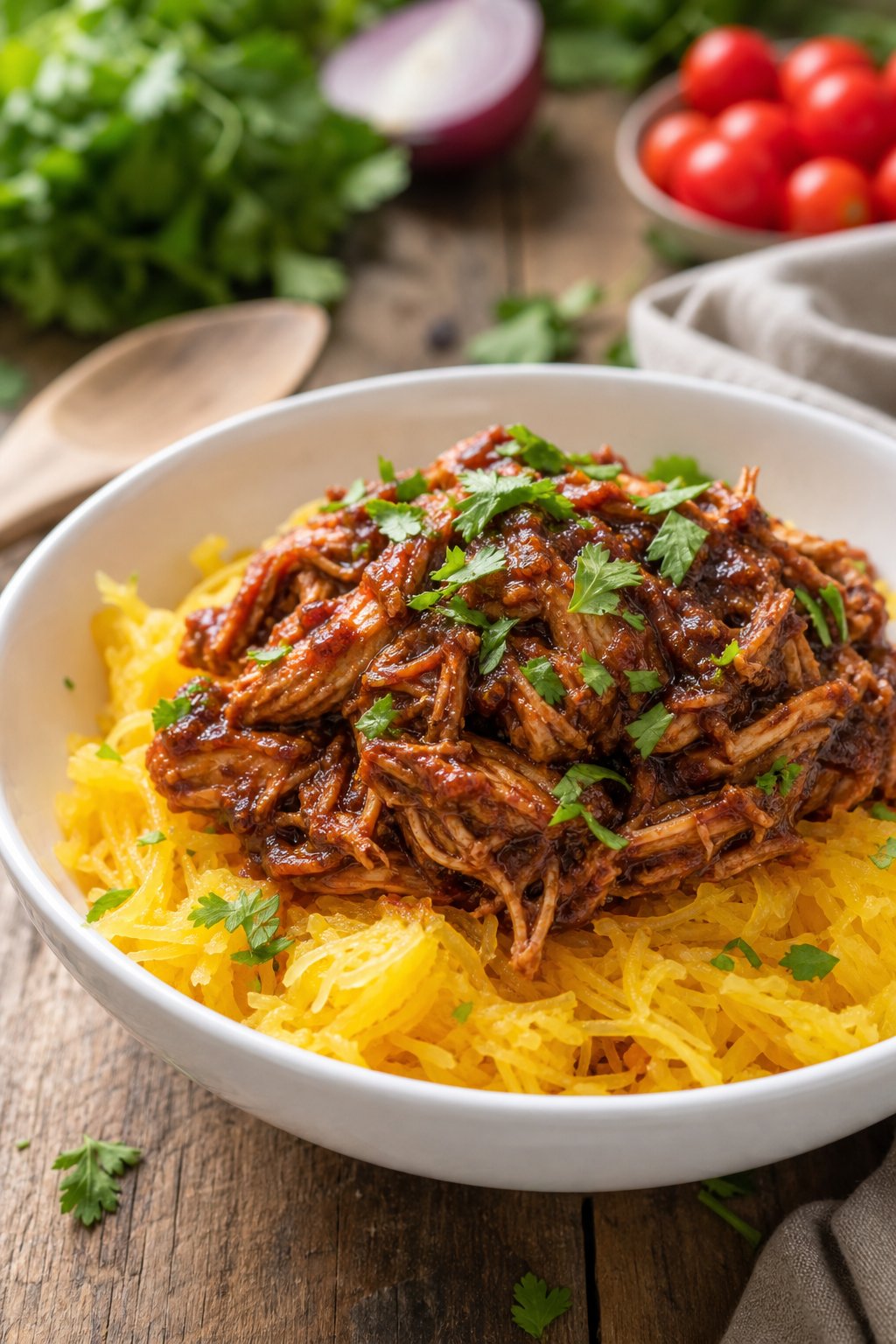 22 Chicken and Spaghetti Squash Recipes You’ll Love to Try Tonight! 9 A bowl of BBQ pulled chicken served over spaghetti squash strands, garnished with fresh herbs, on a wooden table.