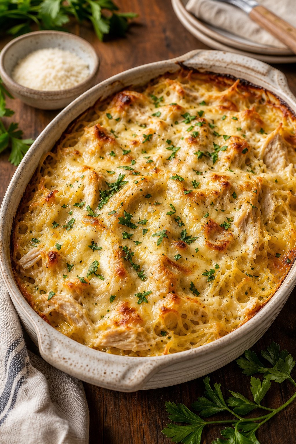 22 Chicken and Spaghetti Squash Recipes You’ll Love to Try Tonight! 10 A baked casserole dish filled with chicken Alfredo spaghetti squash topped with melted cheese and garnished with parsley on a wooden table.