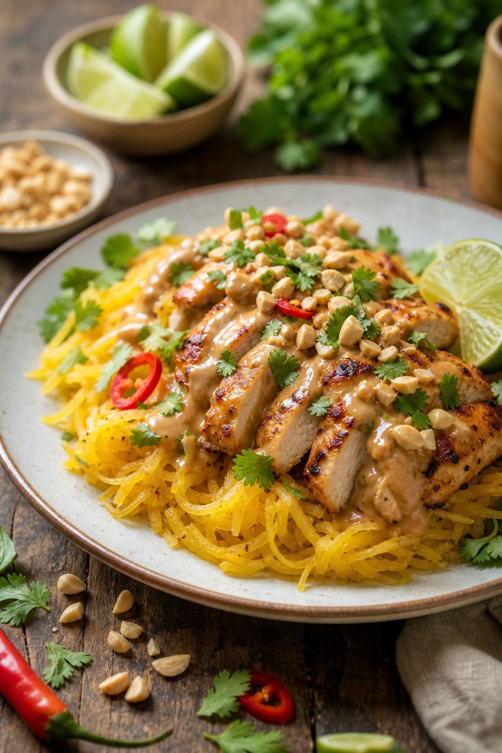 22 Chicken and Spaghetti Squash Recipes You’ll Love to Try Tonight! 11 A plate of Thai peanut chicken served over roasted spaghetti squash garnished with peanuts and cilantro on a wooden table.