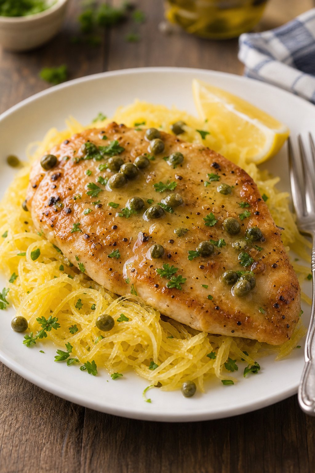 22 Chicken and Spaghetti Squash Recipes You’ll Love to Try Tonight! 12 A plate of chicken piccata served over spaghetti squash with lemon sauce and parsley garnish.