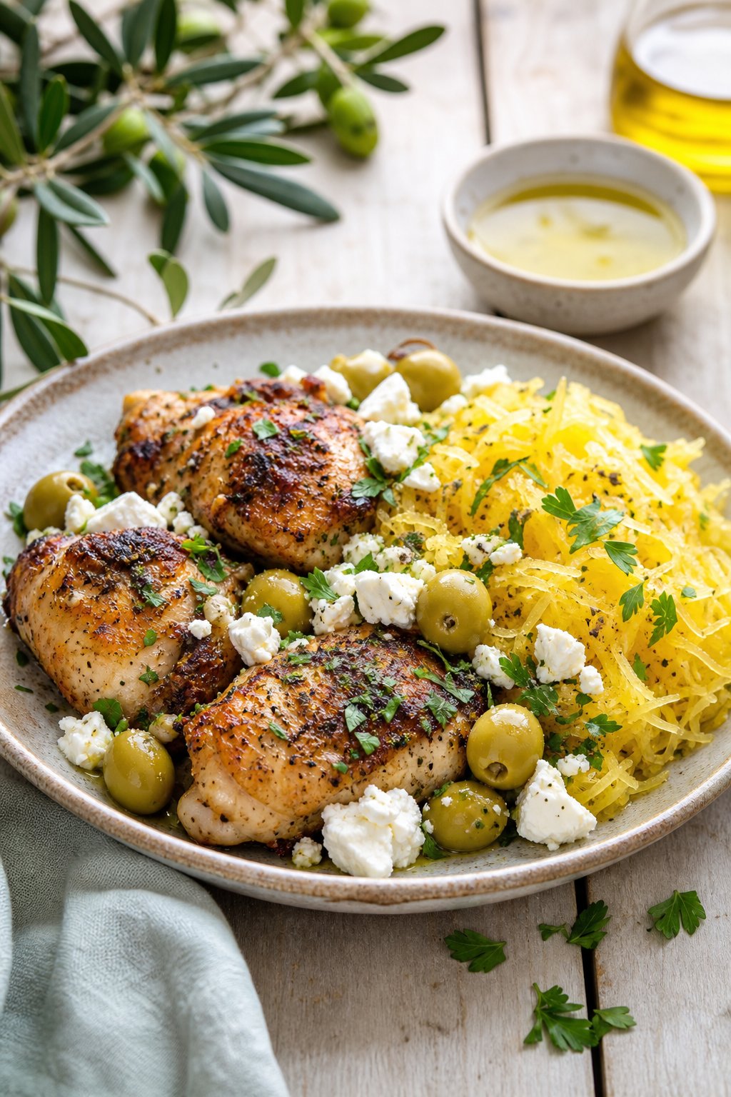 22 Chicken and Spaghetti Squash Recipes You’ll Love to Try Tonight! 13 A plate of roasted chicken with olives, feta cheese, and spaghetti squash garnished with fresh herbs on a wooden table.