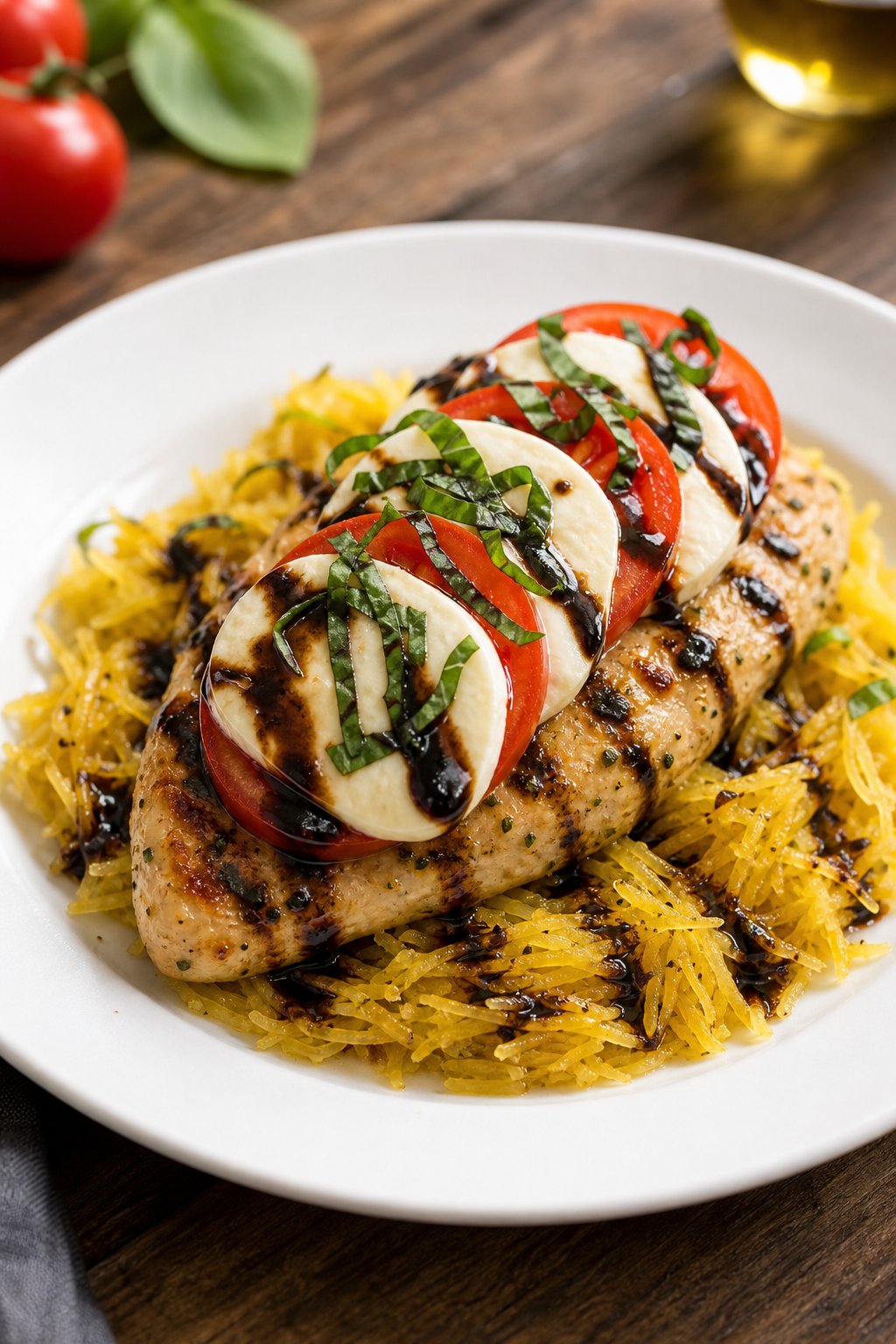 22 Chicken and Spaghetti Squash Recipes You’ll Love to Try Tonight! 14 A plate of Caprese chicken on roasted spaghetti squash, topped with tomato slices, mozzarella, basil, and balsamic drizzle.