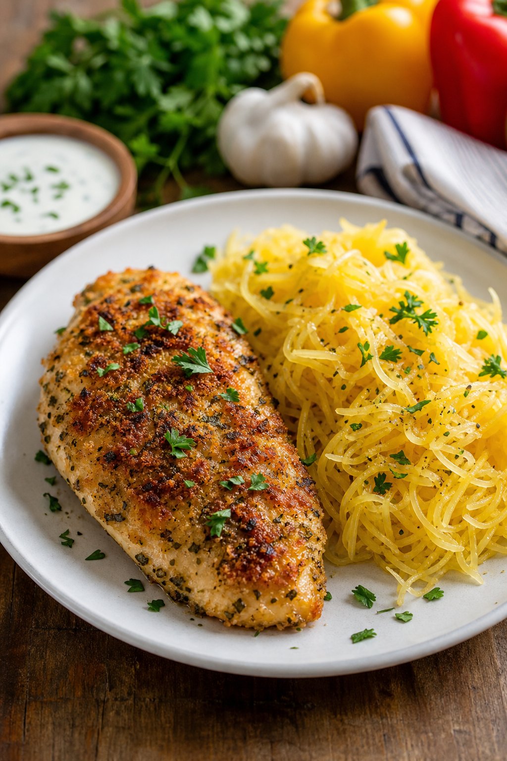 22 Chicken and Spaghetti Squash Recipes You’ll Love to Try Tonight! 15 A plate with ranch seasoned chicken and roasted spaghetti squash on a wooden table with fresh herbs and a bowl of dressing in the background.