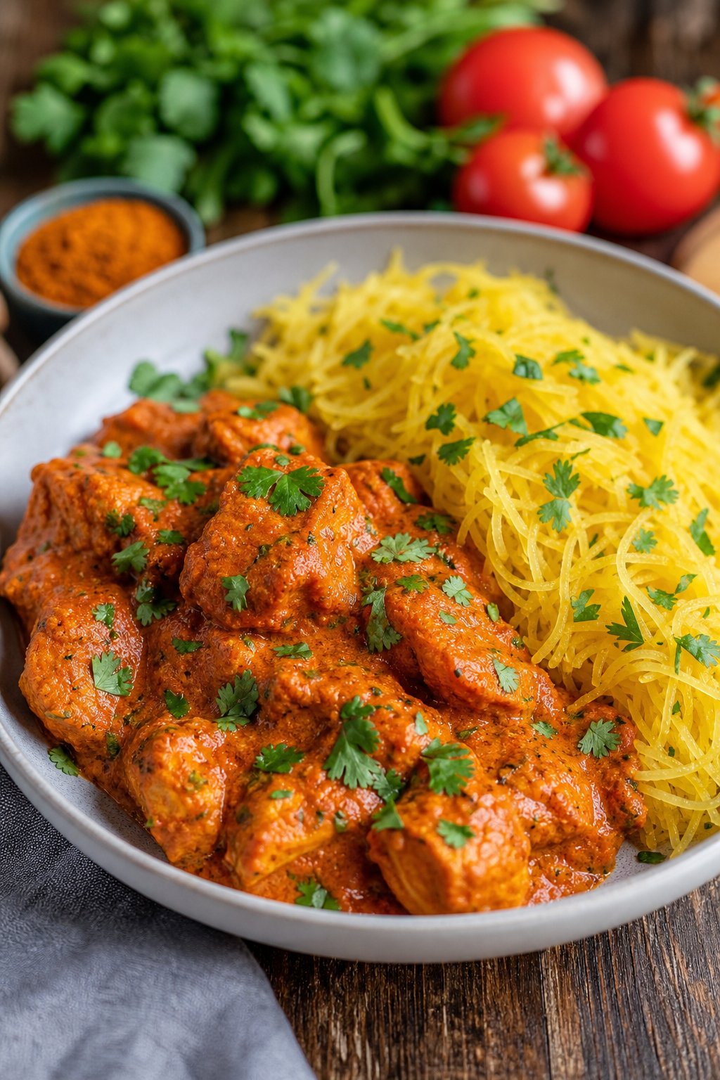 22 Chicken and Spaghetti Squash Recipes You’ll Love to Try Tonight! 16 A plate of chicken tikka masala served with spaghetti squash on a wooden table.