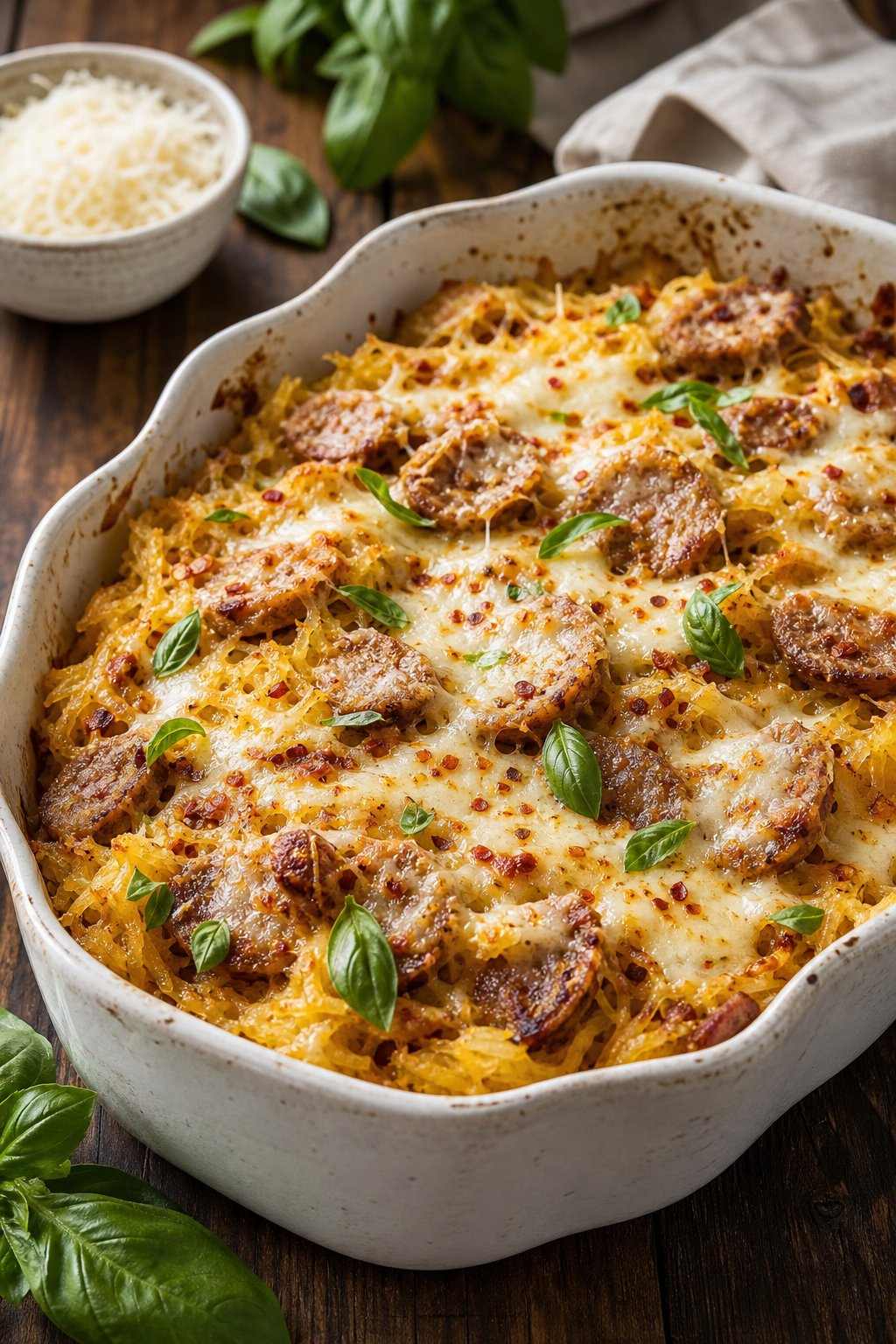 22 Chicken and Spaghetti Squash Recipes You’ll Love to Try Tonight! 17 A baked casserole dish filled with chicken sausage, spaghetti squash, melted cheese, and fresh basil on a wooden table.