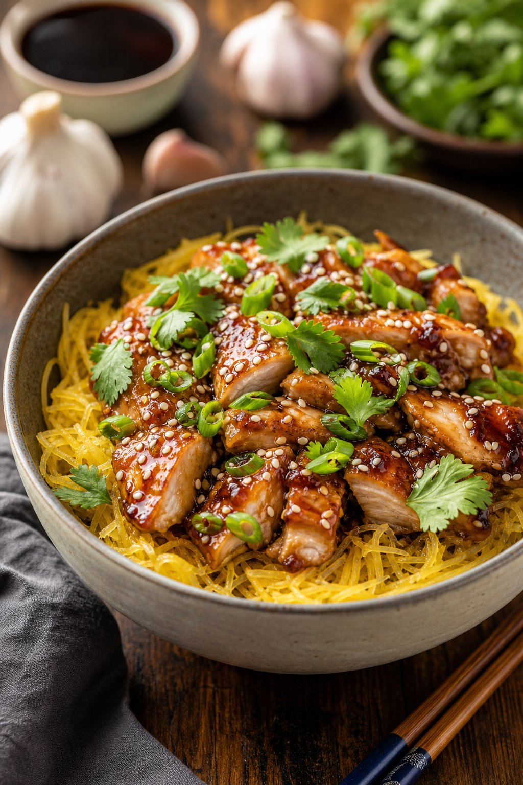 22 Chicken and Spaghetti Squash Recipes You’ll Love to Try Tonight! 18 A bowl of teriyaki chicken served over spaghetti squash garnished with green onions and sesame seeds on a wooden table.