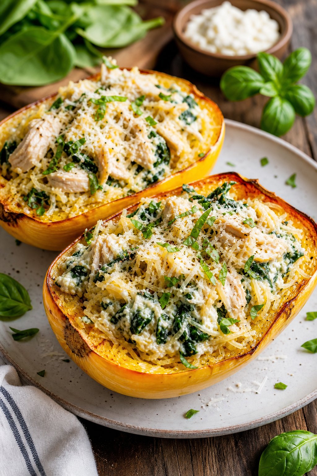 22 Chicken and Spaghetti Squash Recipes You’ll Love to Try Tonight! 19 A plate of roasted spaghetti squash halves stuffed with chicken, spinach, and ricotta cheese, garnished with fresh herbs on a wooden table.