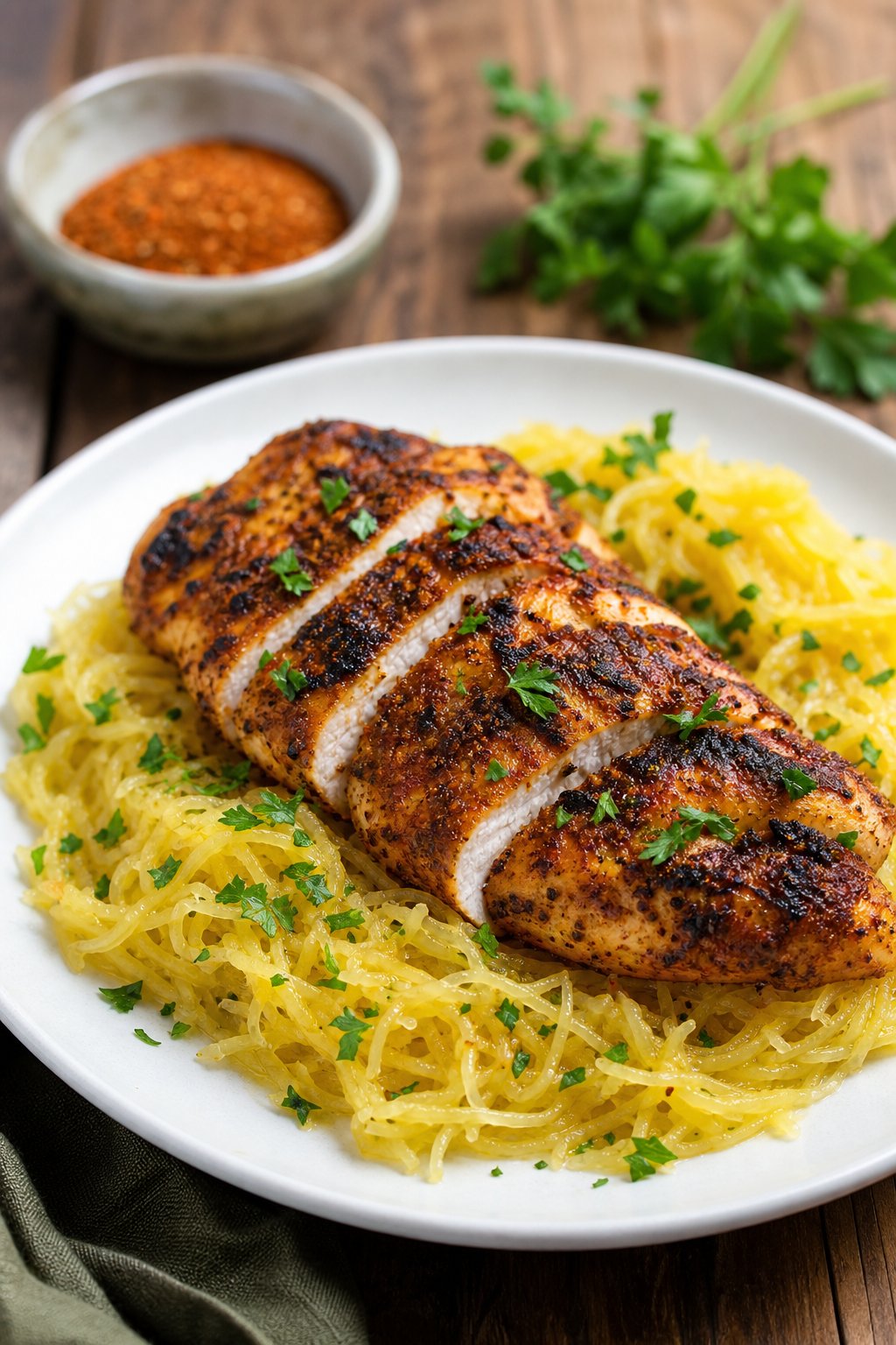 22 Chicken and Spaghetti Squash Recipes You’ll Love to Try Tonight! 20 A plate of Cajun-spiced chicken served over garlic butter spaghetti squash garnished with fresh herbs on a wooden table.