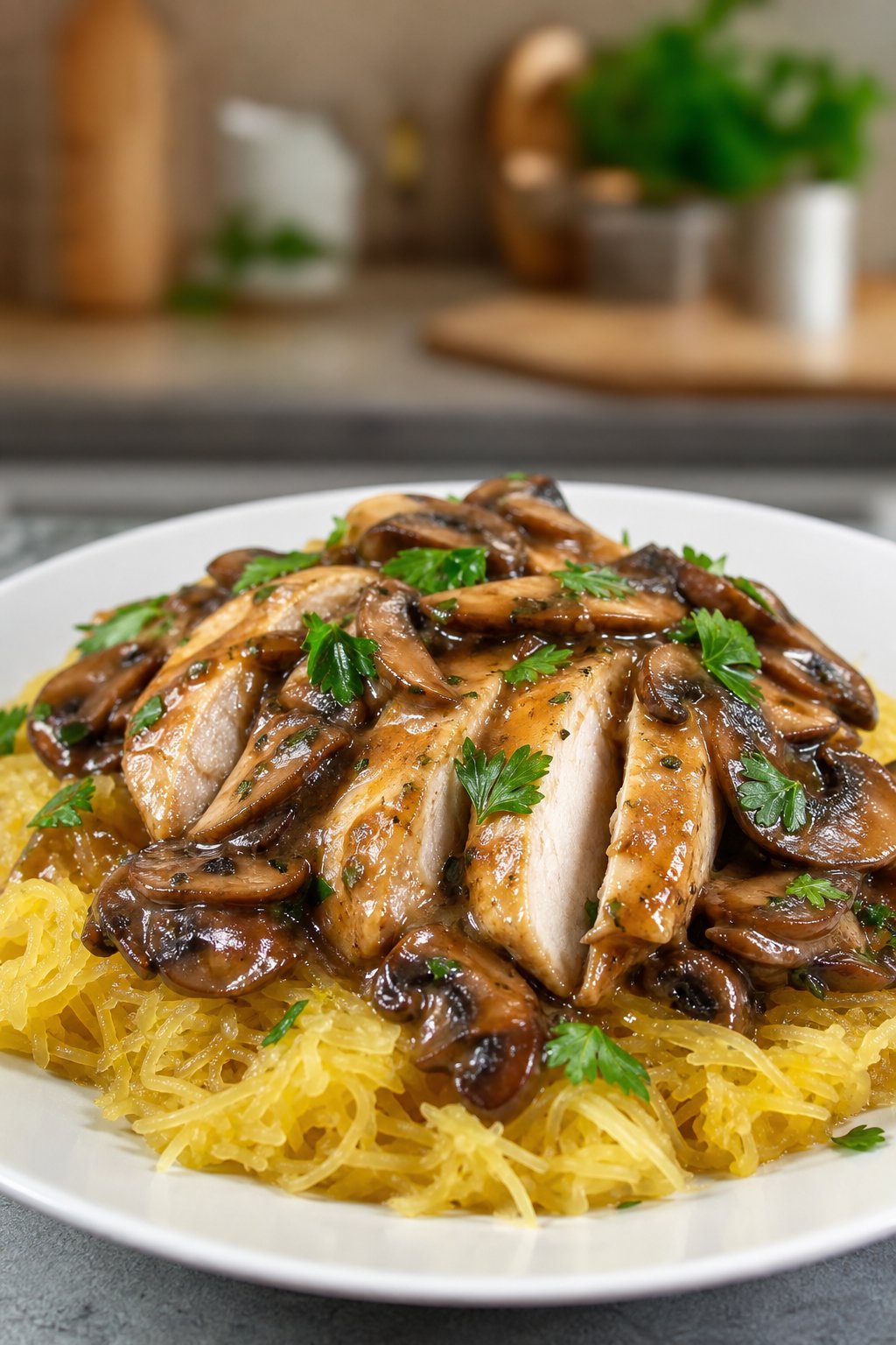 22 Chicken and Spaghetti Squash Recipes You’ll Love to Try Tonight! 21 A plate of sliced chicken breast with mushroom Marsala sauce served over spaghetti squash, garnished with parsley.
