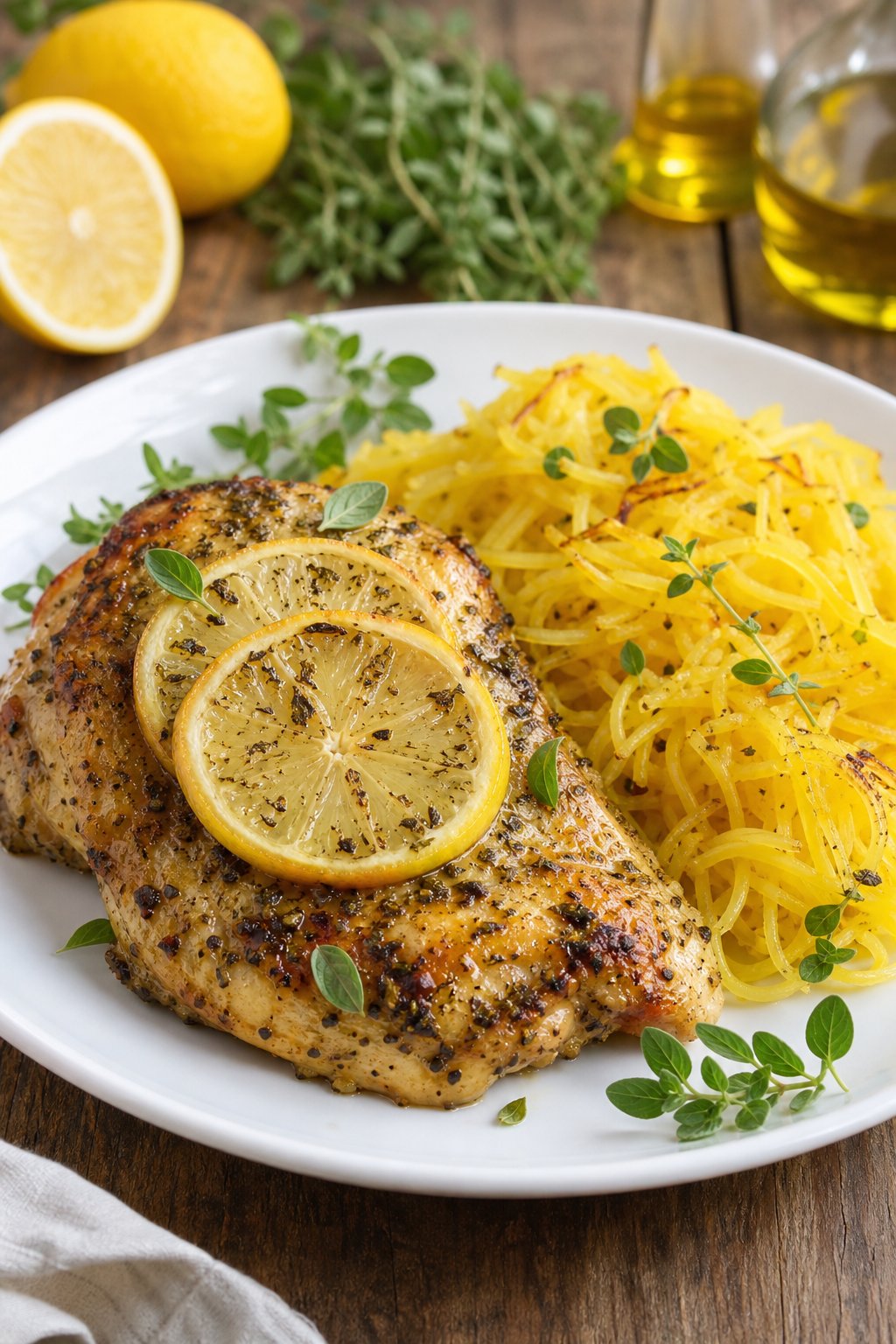 22 Chicken and Spaghetti Squash Recipes You’ll Love to Try Tonight! 22 A plate of golden-brown lemon-oregano chicken served with roasted spaghetti squash on a wooden table with fresh lemons and herbs in the background.