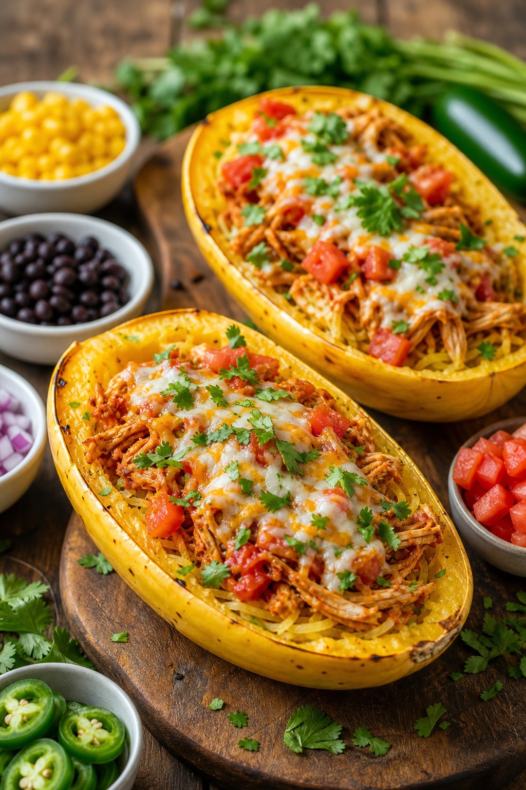 22 Chicken and Spaghetti Squash Recipes You’ll Love to Try Tonight! 23 Two spaghetti squash halves filled with chicken enchilada mixture, garnished with cheese and cilantro, on a wooden table with bowls of fresh ingredients around them.