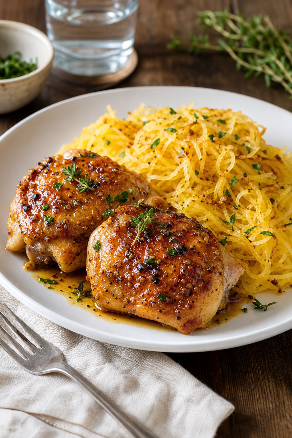 22 Chicken and Spaghetti Squash Recipes You’ll Love to Try Tonight! 24 A plate with maple dijon chicken thighs and roasted spaghetti squash garnished with fresh herbs on a wooden table.