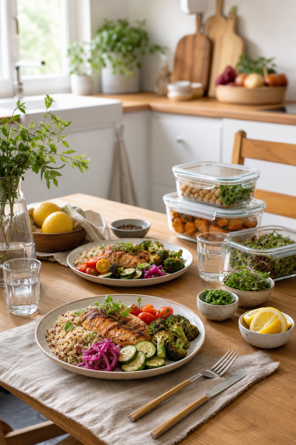 14 Easy Recipes For 2 People With Zero Waste: Delicious Meals for Two Without the Waste 2 A kitchen table set for two with plates of fresh, colorful meals and reusable containers with leftovers, surrounded by fresh vegetables.