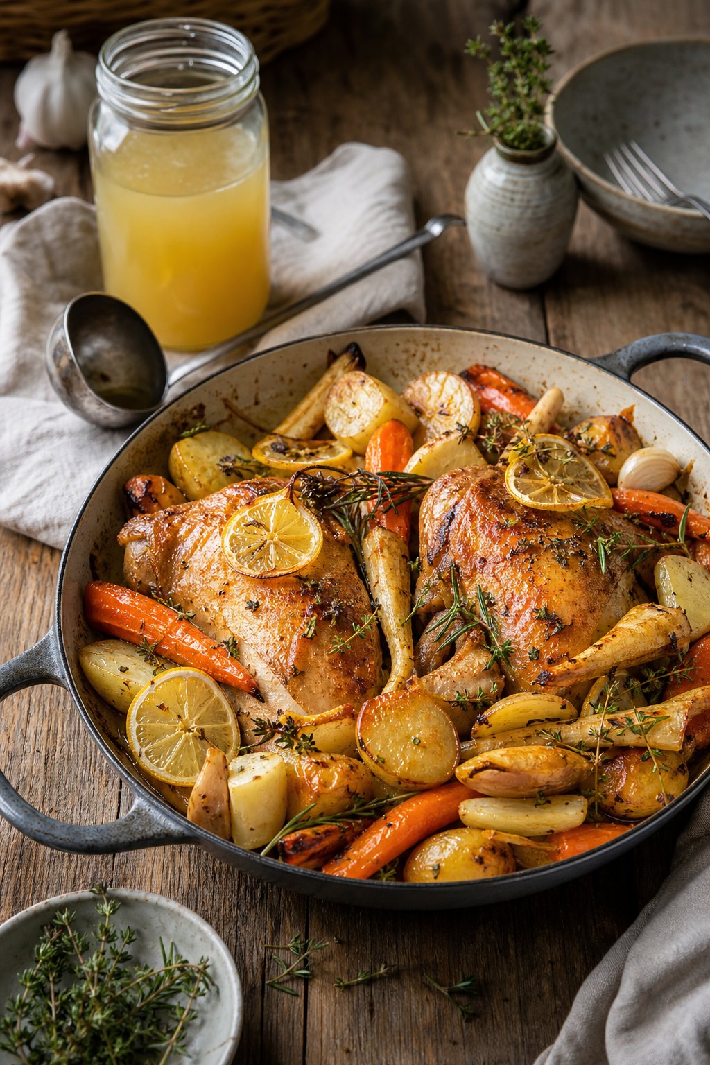 14 Easy Recipes For 2 People With Zero Waste: Delicious Meals for Two Without the Waste 3 A pan with lemon garlic chicken and roasted root vegetables on a wooden table, with a jar of homemade chicken stock in the background.