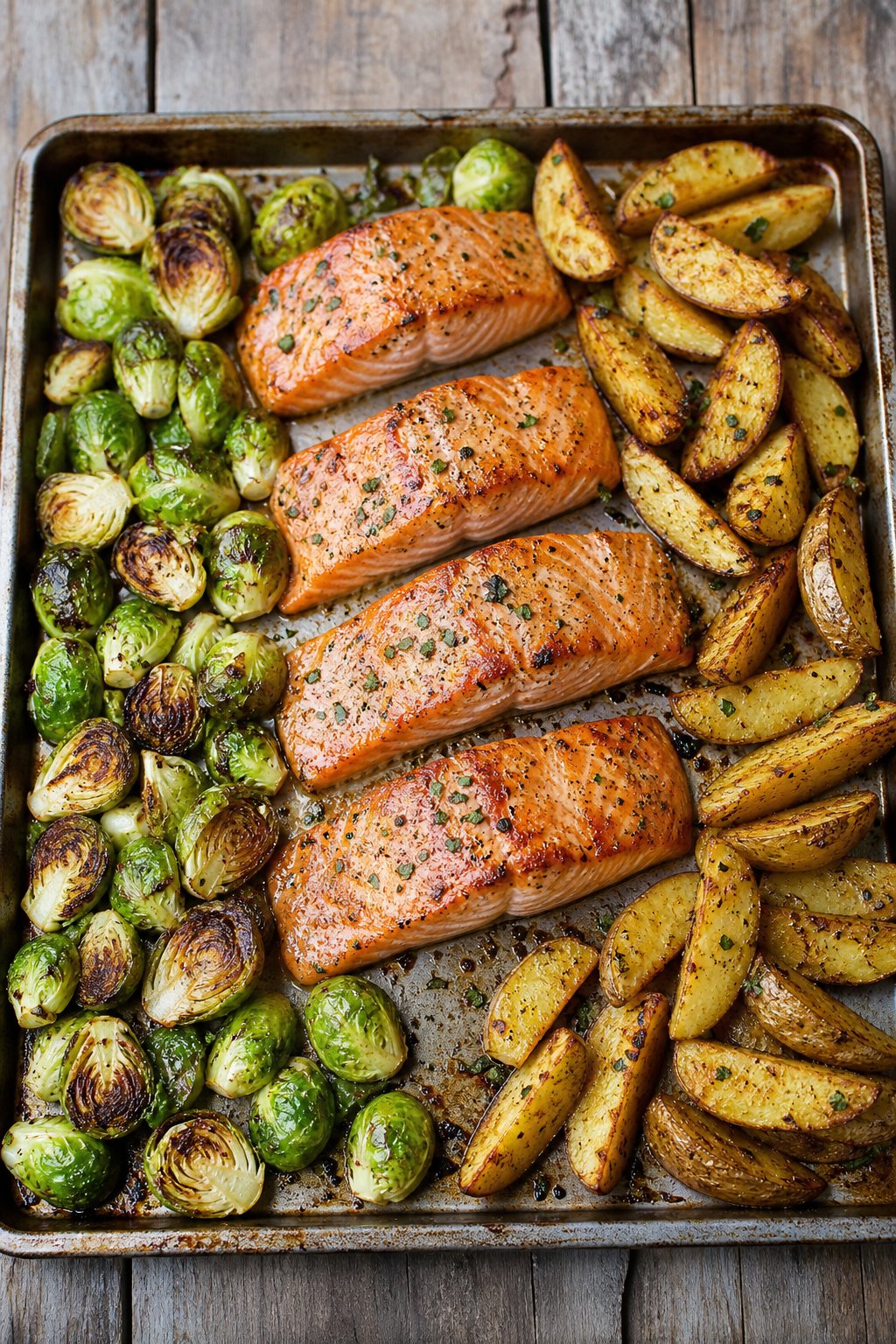 14 Easy Recipes For 2 People With Zero Waste: Delicious Meals for Two Without the Waste 4 A sheet-pan meal with roasted salmon, Brussels sprouts, and potato wedges on a wooden table.