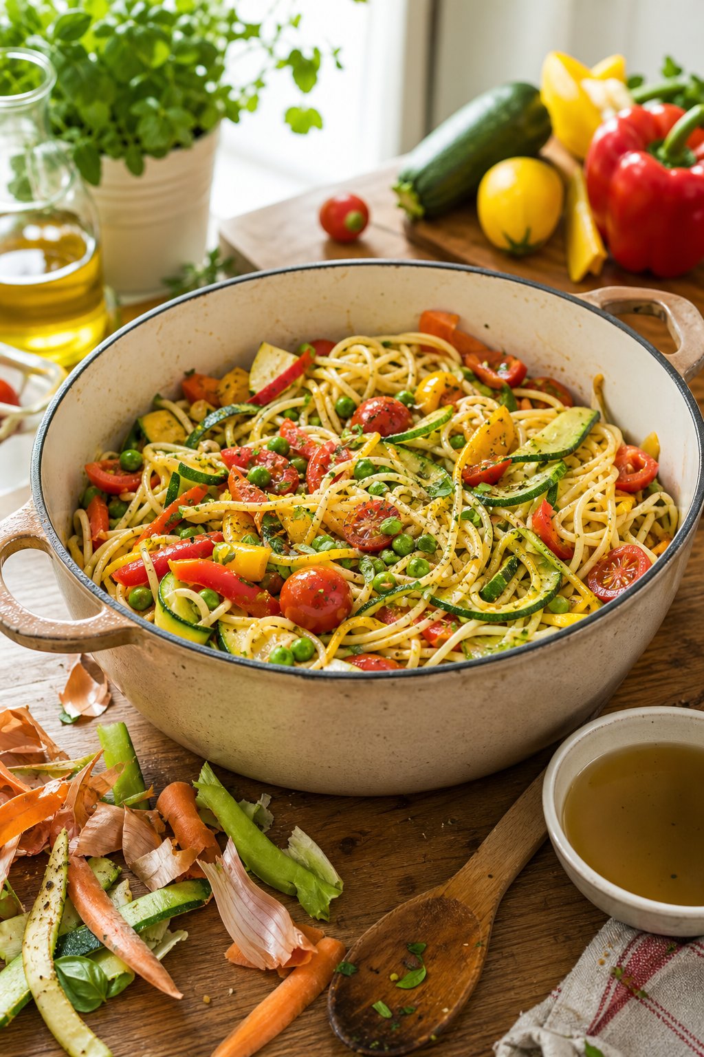 14 Easy Recipes For 2 People With Zero Waste: Delicious Meals for Two Without the Waste 5 A pot of colorful pasta primavera with fresh vegetables on a wooden table, surrounded by vegetable peels and kitchen tools.