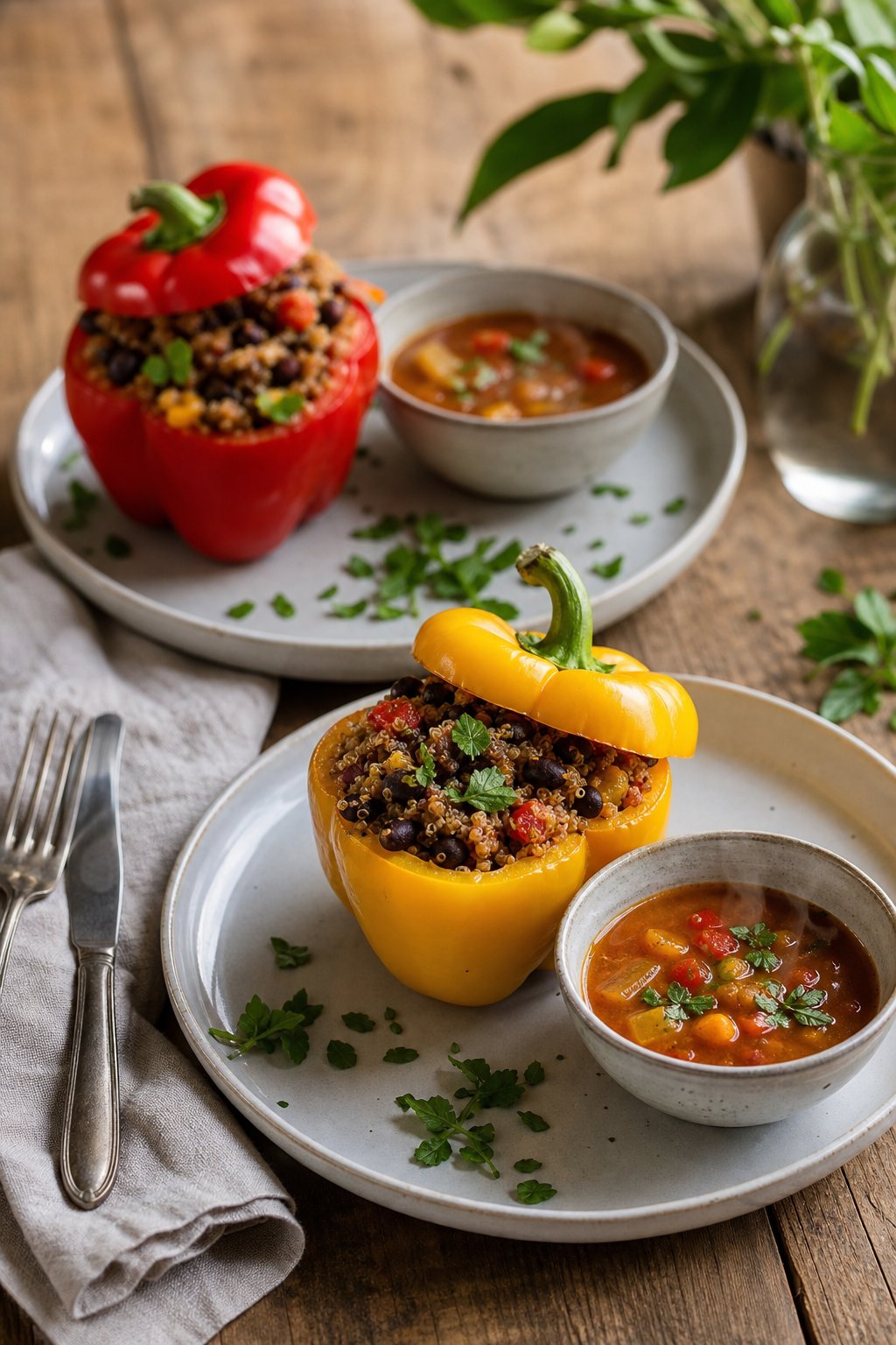 14 Easy Recipes For 2 People With Zero Waste: Delicious Meals for Two Without the Waste 6 Two stuffed bell peppers filled with quinoa and black beans on a wooden table next to a bowl of vegetable soup made from pepper tops.