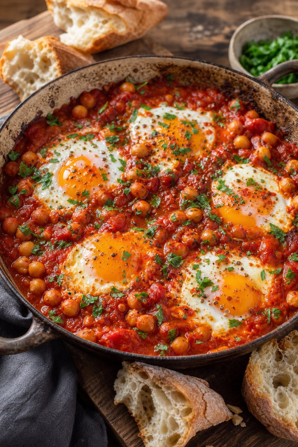 14 Easy Recipes For 2 People With Zero Waste: Delicious Meals for Two Without the Waste 7 A skillet of chickpea shakshuka with poached eggs and fresh herbs, served with torn pieces of stale bread on a wooden table.