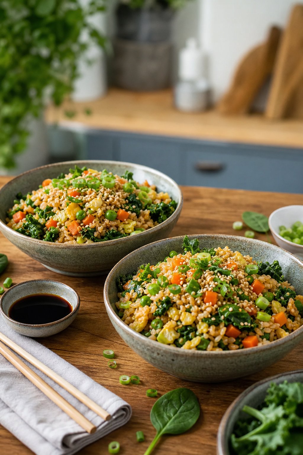 14 Easy Recipes For 2 People With Zero Waste: Delicious Meals for Two Without the Waste 8 Two bowls of colorful veggie fried rice with greens on a wooden table, accompanied by chopsticks and a small bowl of soy sauce.