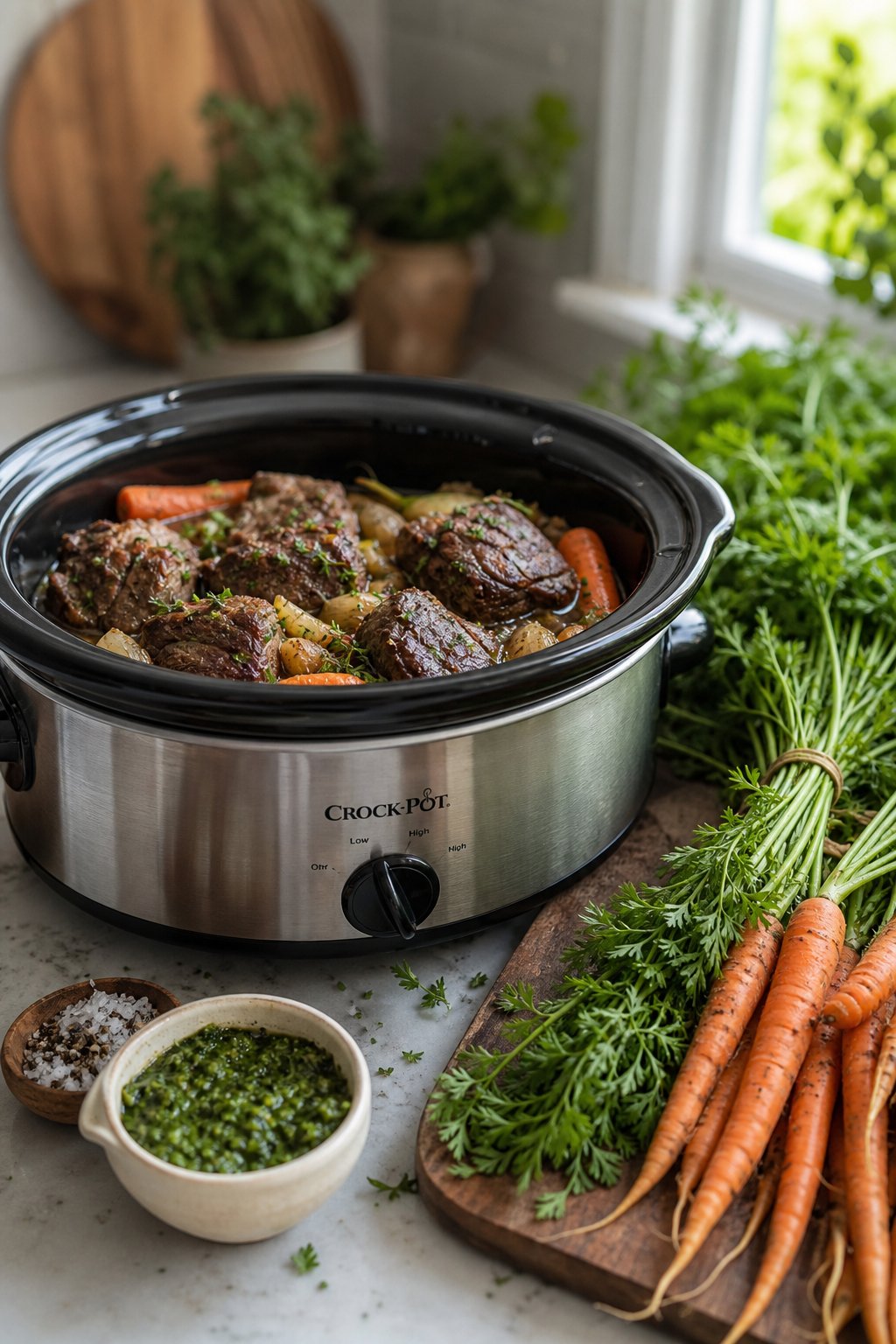 14 Easy Recipes For 2 People With Zero Waste: Delicious Meals for Two Without the Waste 9 Slow cooker with mini beef pot roasts and fresh carrots with green tops arranged on a kitchen countertop.