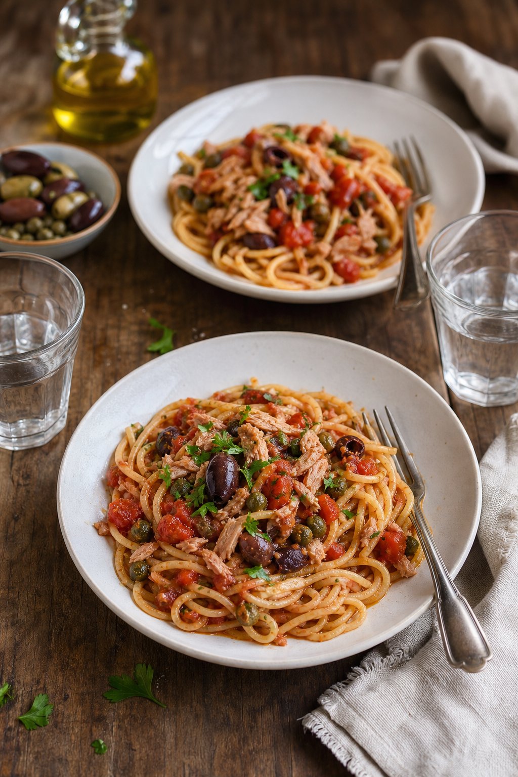 14 Easy Recipes For 2 People With Zero Waste: Delicious Meals for Two Without the Waste 10 Two plates of pasta puttanesca with tomatoes, olives, and tuna on a wooden table set for two people.