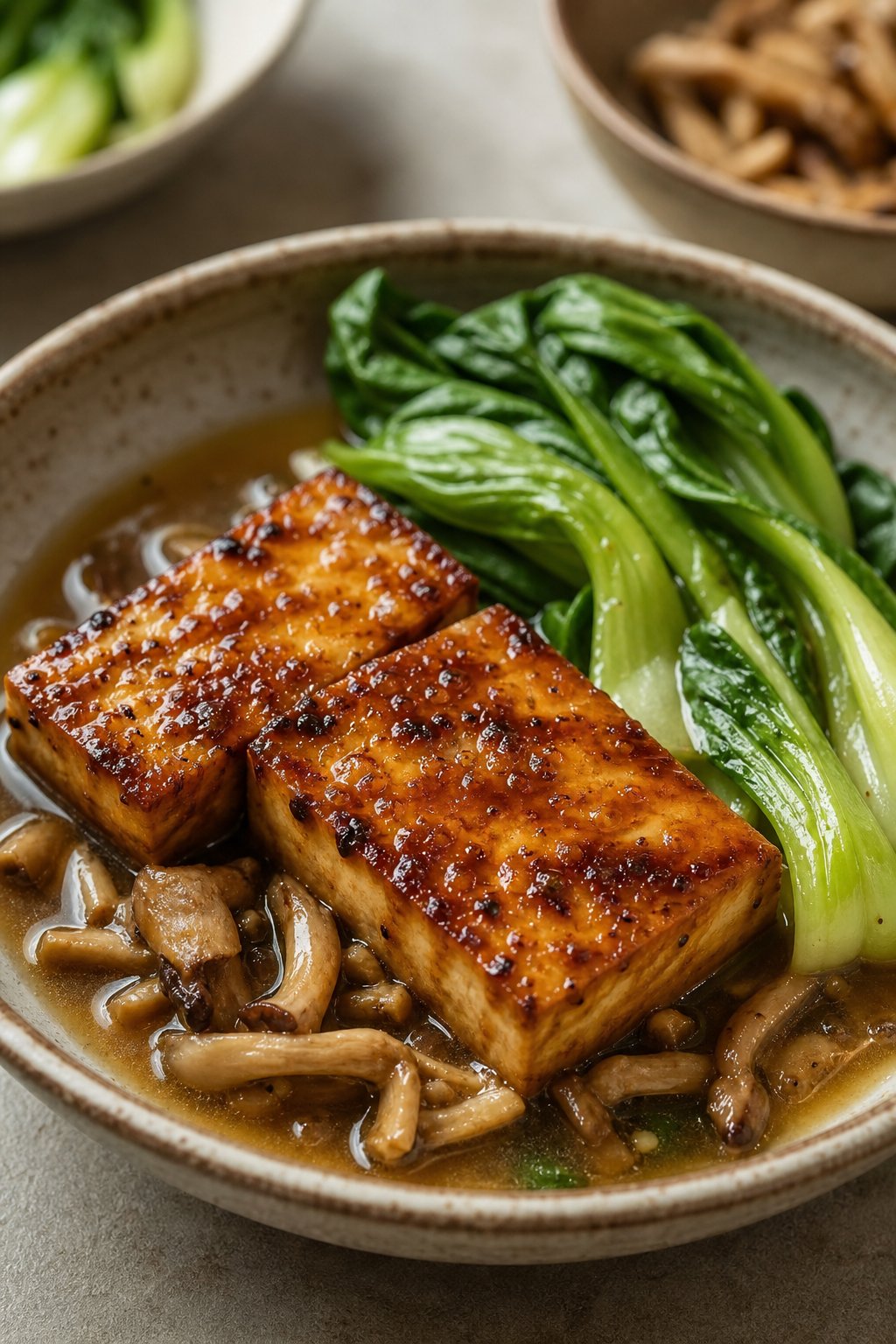 14 Easy Recipes For 2 People With Zero Waste: Delicious Meals for Two Without the Waste 11 A bowl of miso-glazed tofu with bok choy and mushroom stems in broth.