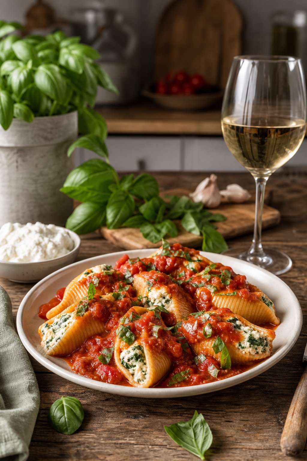 14 Easy Recipes For 2 People With Zero Waste: Delicious Meals for Two Without the Waste 12 A plate of spinach and ricotta stuffed pasta shells in tomato sauce garnished with basil stems on a wooden table with fresh basil leaves and a glass of white wine nearby.