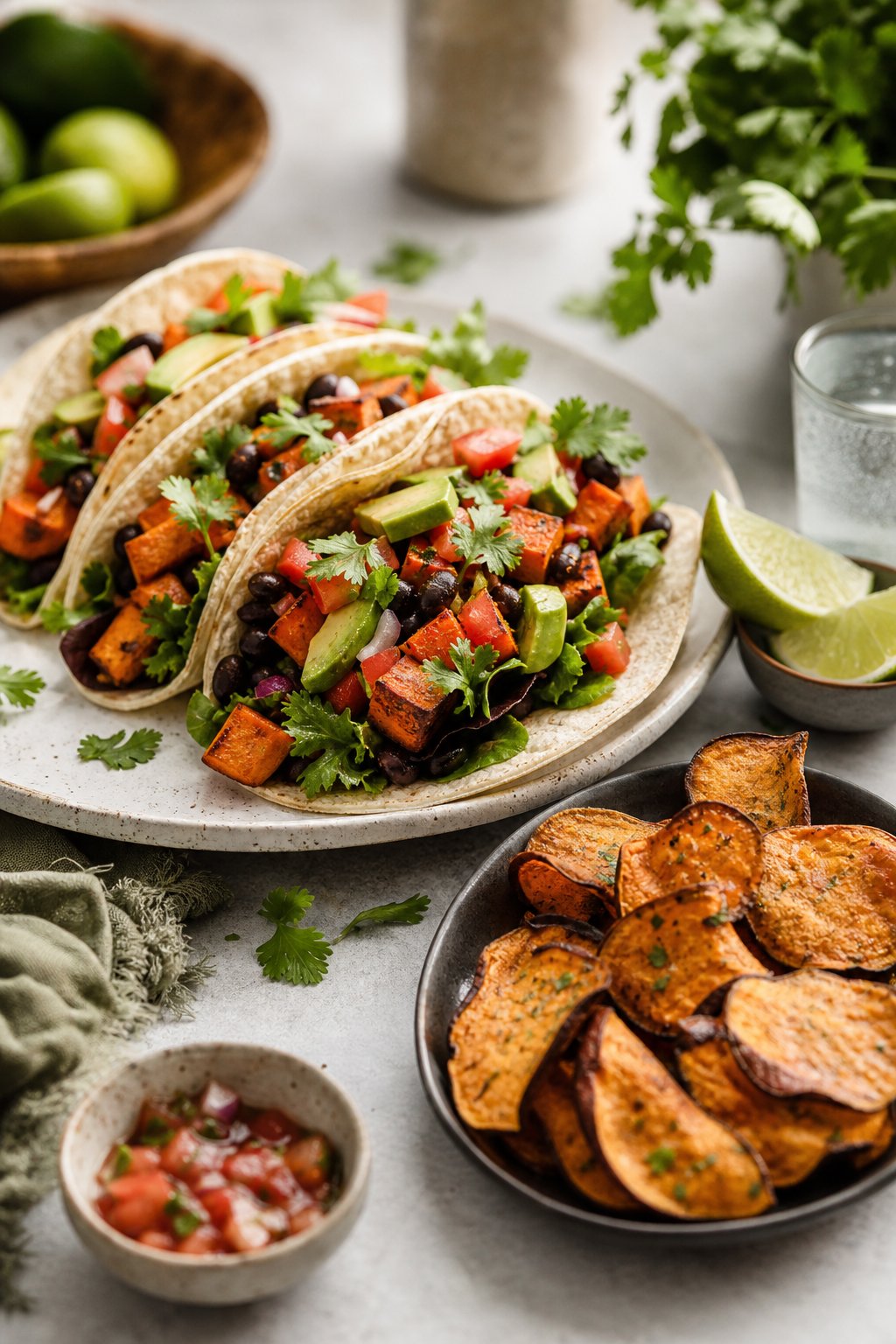 14 Easy Recipes For 2 People With Zero Waste: Delicious Meals for Two Without the Waste 13 A plate with sweet potato and black bean tacos accompanied by a bowl of roasted sweet potato chips on a table.