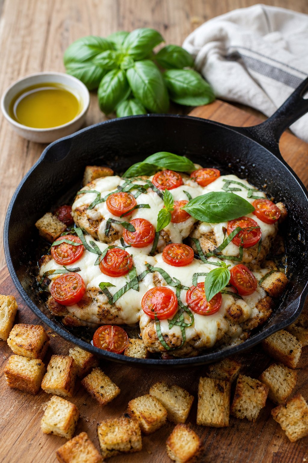 14 Easy Recipes For 2 People With Zero Waste: Delicious Meals for Two Without the Waste 14 A skillet with Caprese chicken topped with melted cheese, basil, and cherry tomatoes, surrounded by homemade croutons on a wooden table.
