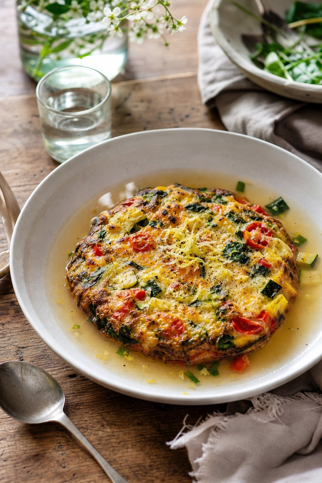 14 Easy Recipes For 2 People With Zero Waste: Delicious Meals for Two Without the Waste 15 A bowl of vegetable frittata in broth topped with grated rind, placed on a wooden table with simple dining utensils.