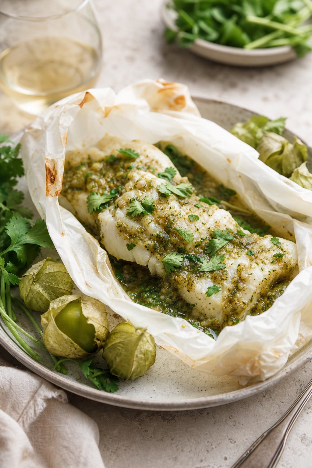 14 Easy Recipes For 2 People With Zero Waste: Delicious Meals for Two Without the Waste 16 A plated fish dish wrapped in parchment paper with green salsa and garnished with fresh herbs, surrounded by tomatillo husks on a kitchen table.