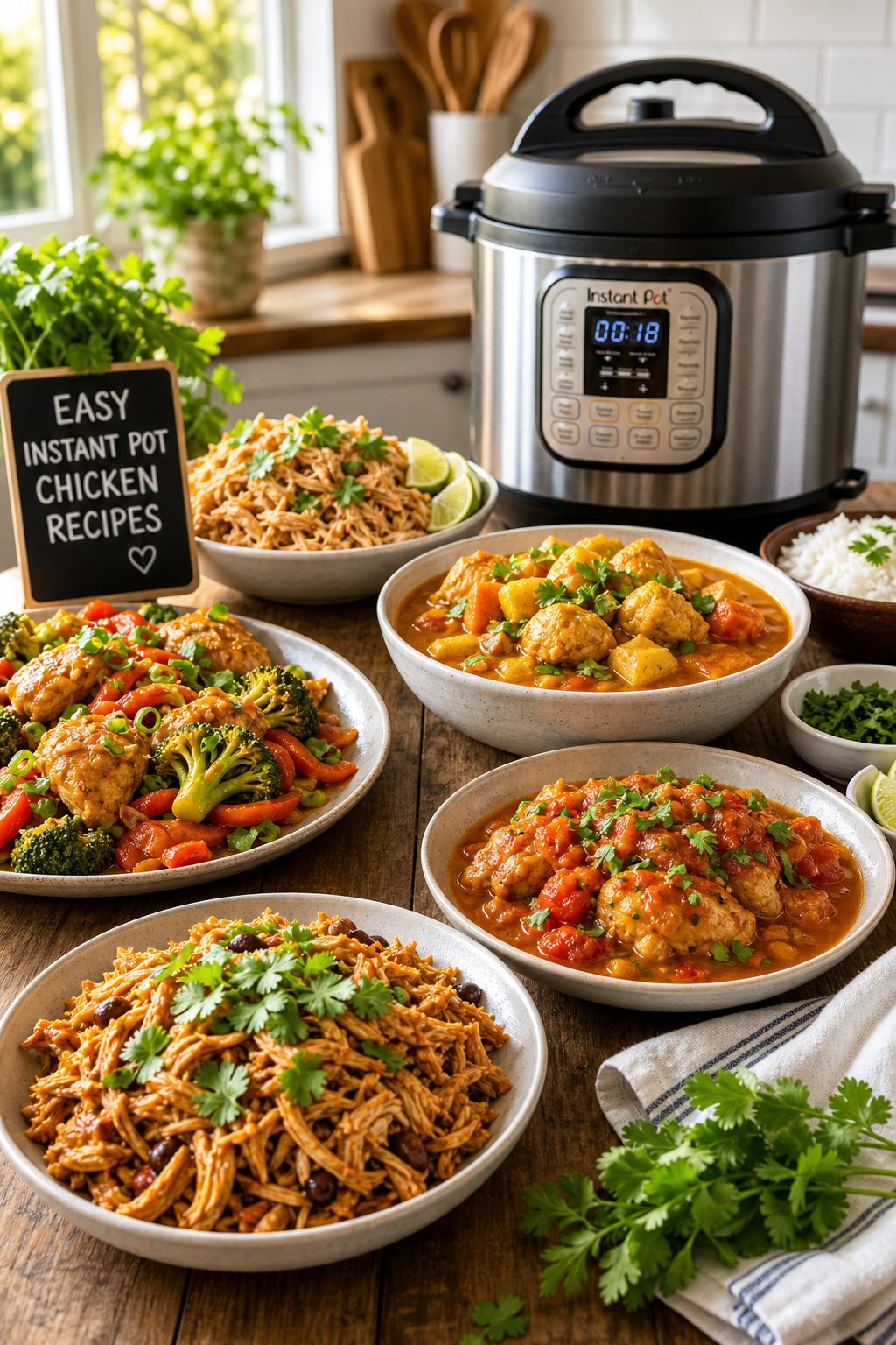 22 Easy Instant Pot Chicken Recipes for Quick Family Dinners 2 A kitchen table with several plates of cooked chicken dishes and an Instant Pot in the background.