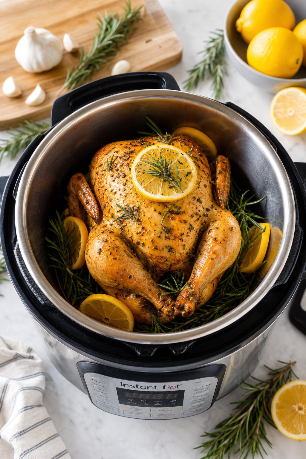 22 Easy Instant Pot Chicken Recipes for Quick Family Dinners 3 A whole cooked chicken with lemon slices and rosemary inside an Instant Pot on a kitchen countertop surrounded by fresh ingredients.