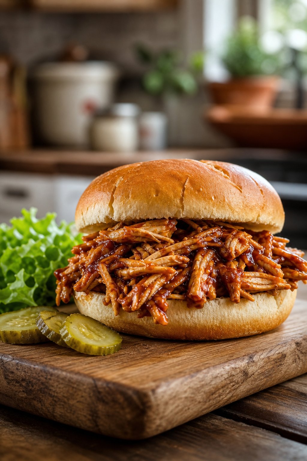 22 Easy Instant Pot Chicken Recipes for Quick Family Dinners 4 A shredded BBQ chicken sandwich on a toasted bun with lettuce and pickles on a wooden board.