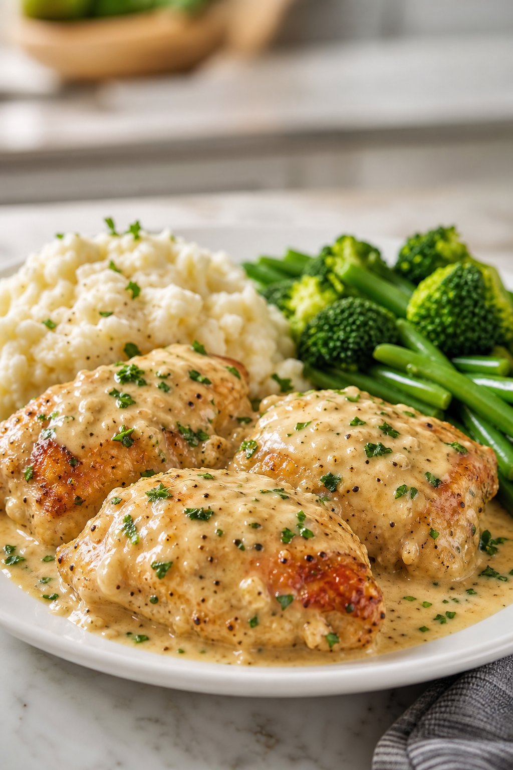 22 Easy Instant Pot Chicken Recipes for Quick Family Dinners 5 Plate of creamy garlic parmesan chicken thighs with green vegetables and mashed potatoes on a kitchen table.